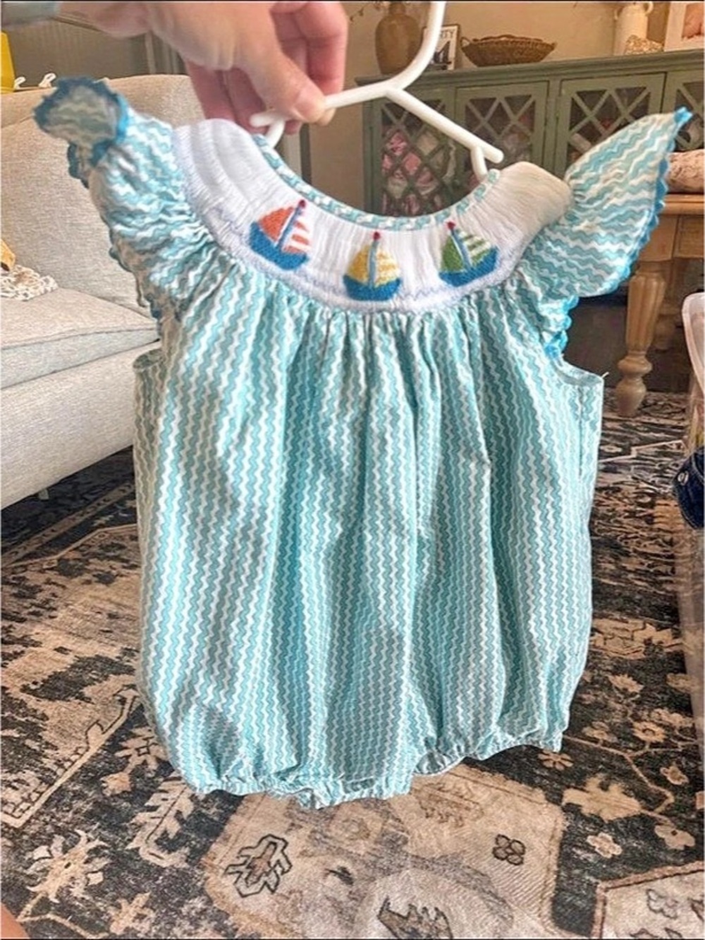 Blue Sailboat Smocked Ruffle Bubble size 18m